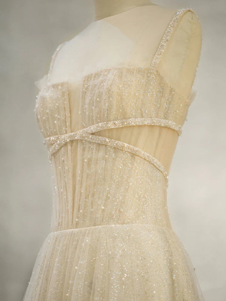 Tulle Long Prom Dress Champagne Tulle Formal Dress