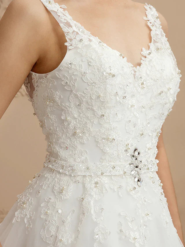 DingjiBall Gown Wedding Dresses V Neck Court Train Tulle Beaded Lace Lace Over Tulle Spaghetti Strap Glamorous Illusion Detail Backless with Beading Appliques