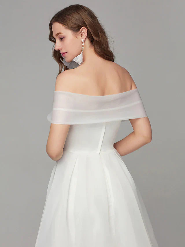 DingjiA-Line White Elegant Engagement Cocktail Party Dress Off Shoulder Sleeveless Tea Length Organza with Criss Cross Pleats
