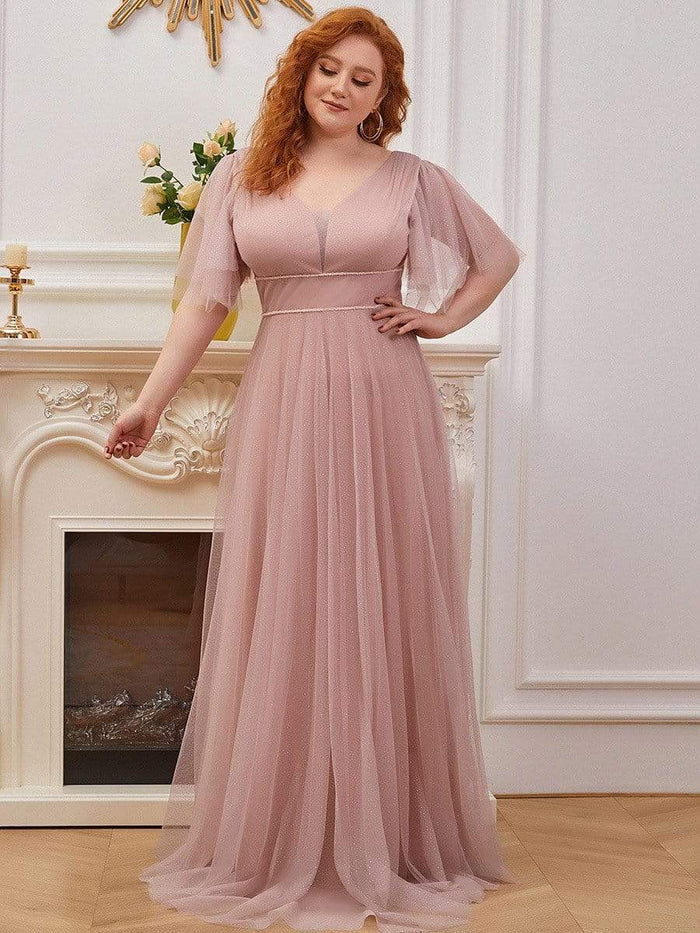 Romantic Plus Size Tulle Evening Dress with Deep V Neck