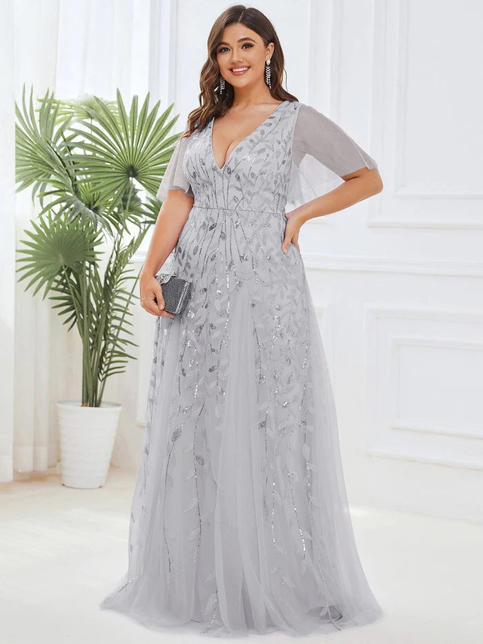 Stunning V Neck Long Wedding Guest Dress with Ruffle Sleeves