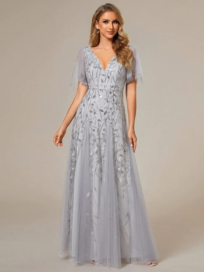 Stunning V Neck Long Wedding Guest Dress with Ruffle Sleeves