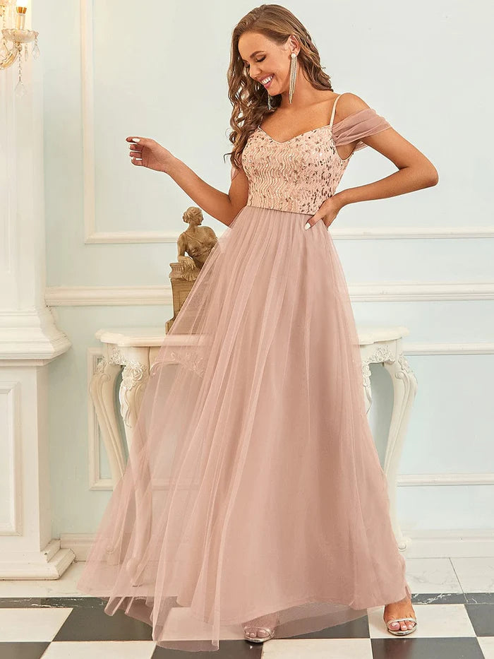 A-Line Sweetheart Neckline Ruffle Sleeve Tulle Bridesmaid Dress With Sequin