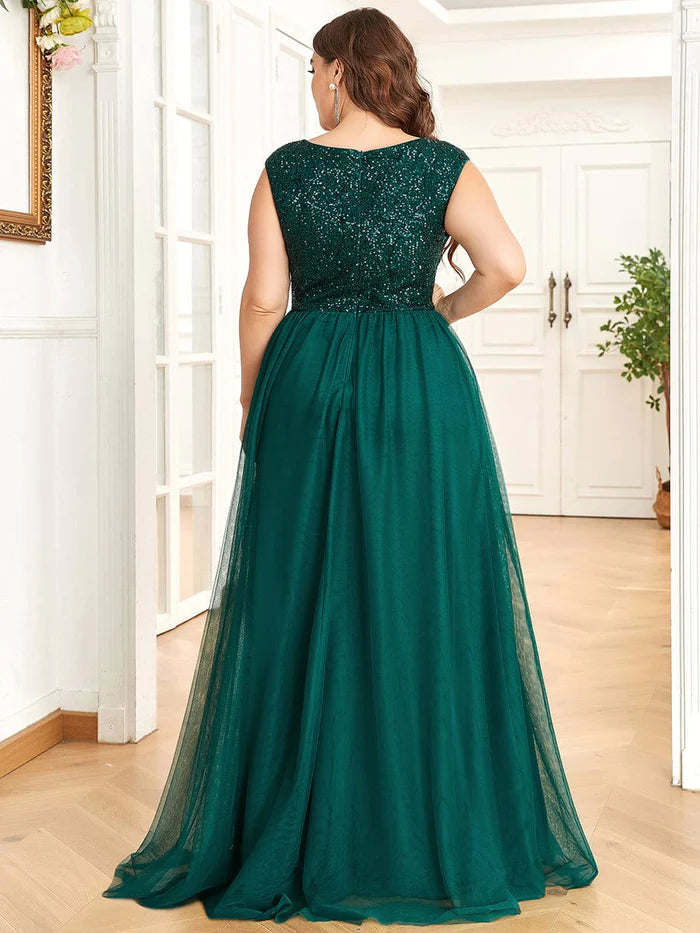 Custom Size Sequin Illusion Plunging V-Neckline Sleeveless A-Line Tulle Evening Dress