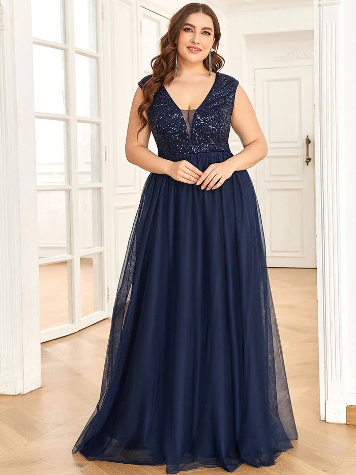 Custom Size Sequin Illusion Plunging V-Neckline Sleeveless A-Line Tulle Evening Dress