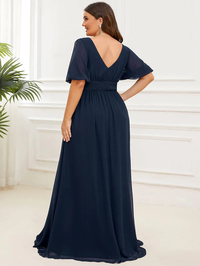 Plus Size Short Sleeve V-Neck Front Slit Chiffon Evening Dress