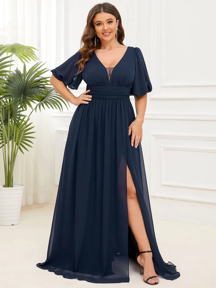 Plus Size Short Sleeve V-Neck Front Slit Chiffon Evening Dress