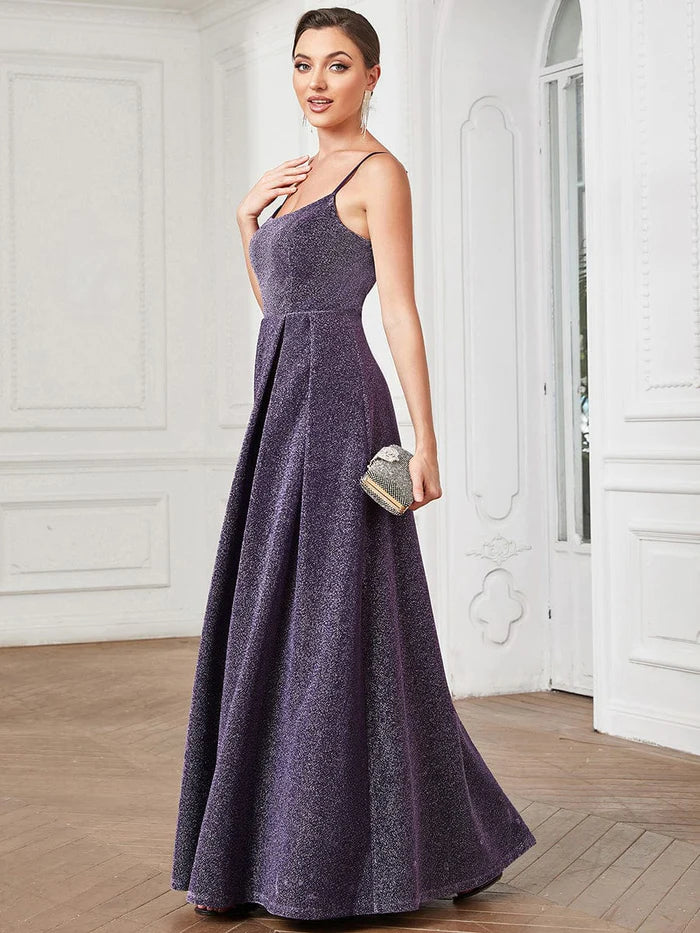 Spaghetti Strap Backless Pleated A-Line Evening Dress