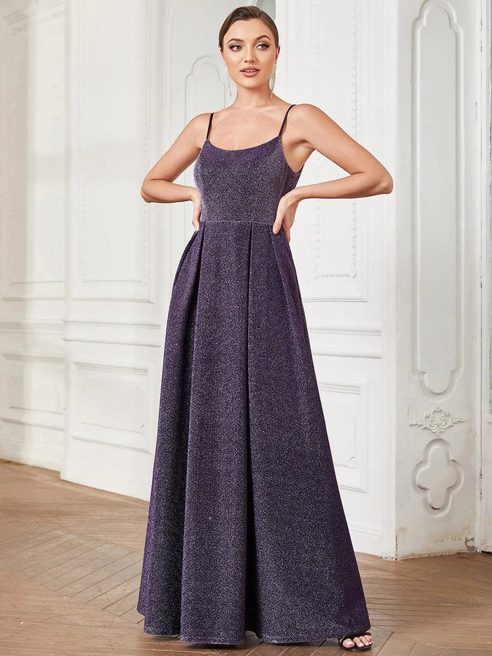 Spaghetti Strap Backless Pleated A-Line Evening Dress