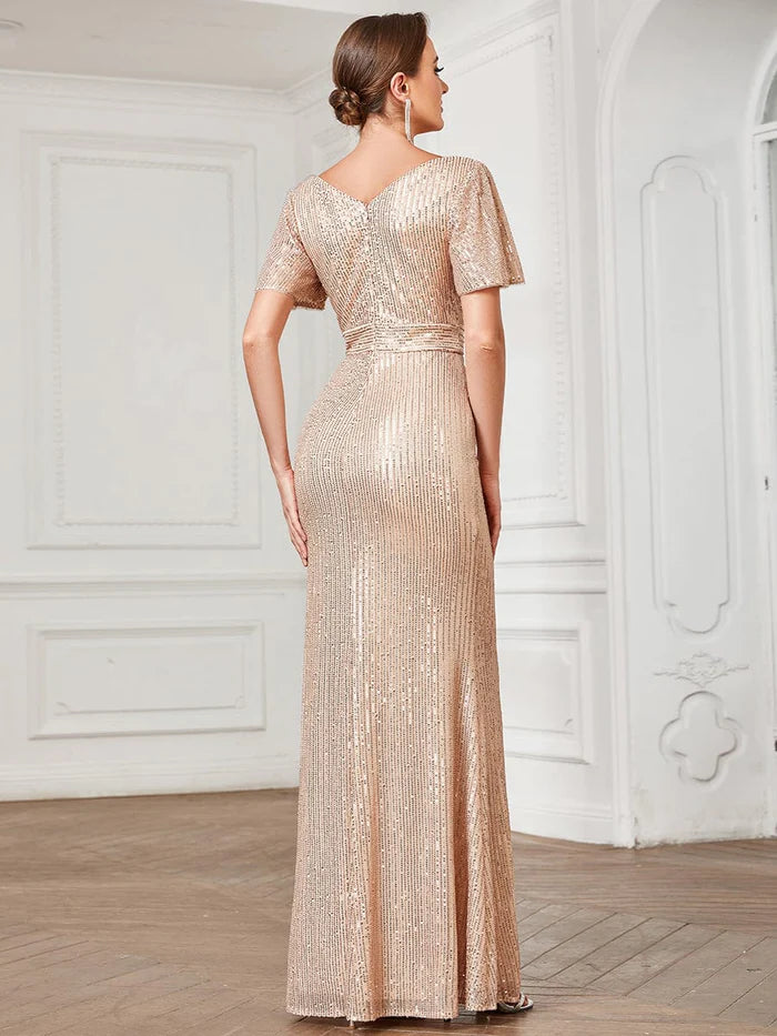 Sequin Short Sleeve Pleated Empire Waist Evening Dress