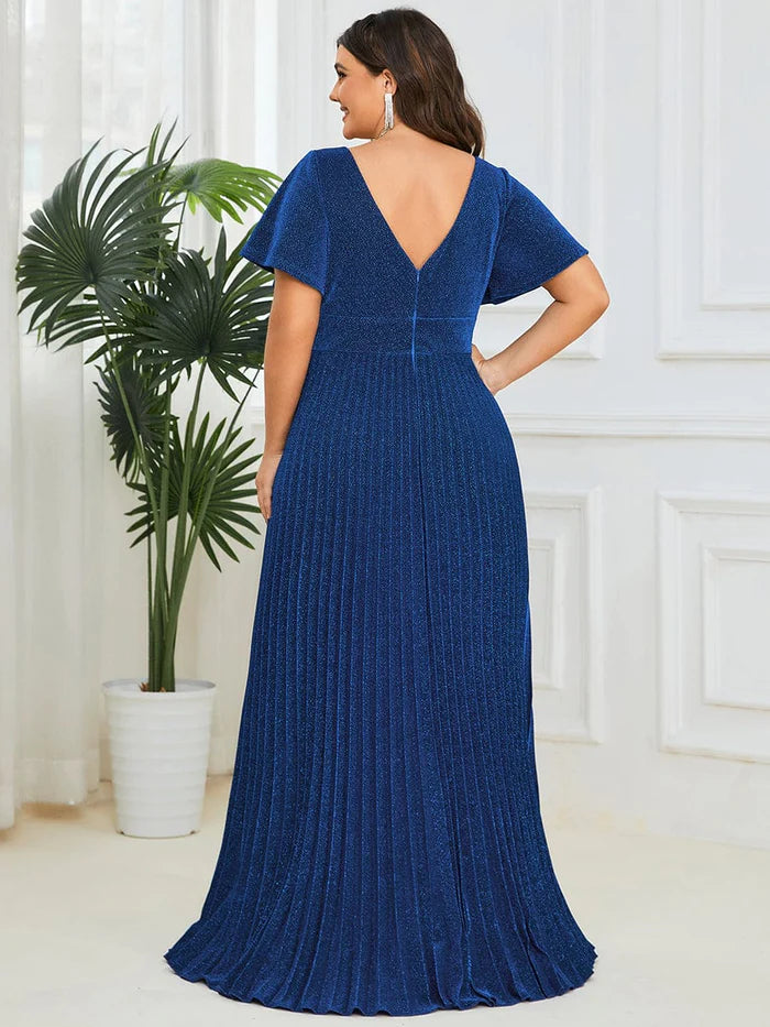 V-Neck Short Sleeve Pleated A-Line Evening Dress