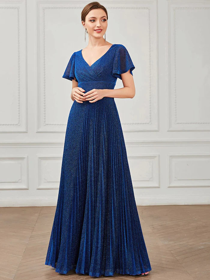 V-Neck Short Sleeve Pleated A-Line Evening Dress