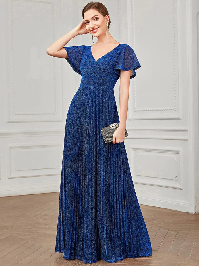 V-Neck Short Sleeve Pleated A-Line Evening Dress
