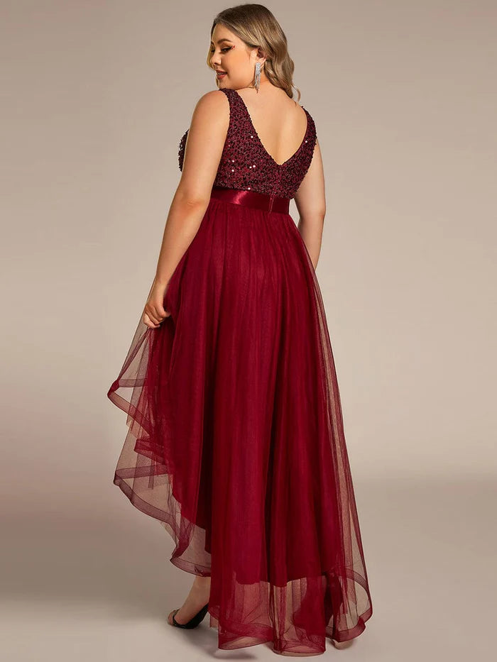 Plus Size Sequin V-Neck Sleeveless High Low Evening Dress