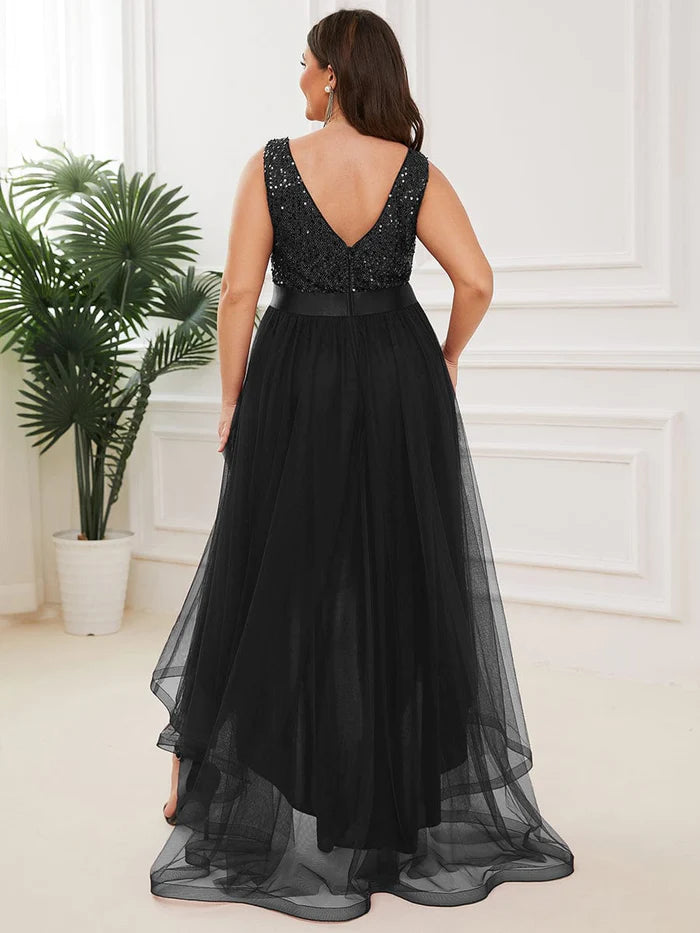 Plus Size Sequin V-Neck Sleeveless High Low Evening Dress