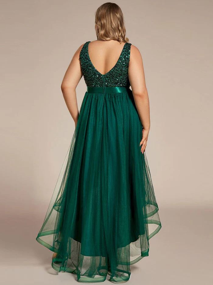 Plus Size Sequin V-Neck Sleeveless High Low Evening Dress