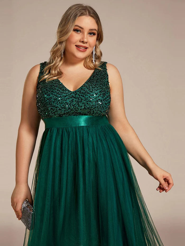 Plus Size Sequin V-Neck Sleeveless High Low Evening Dress