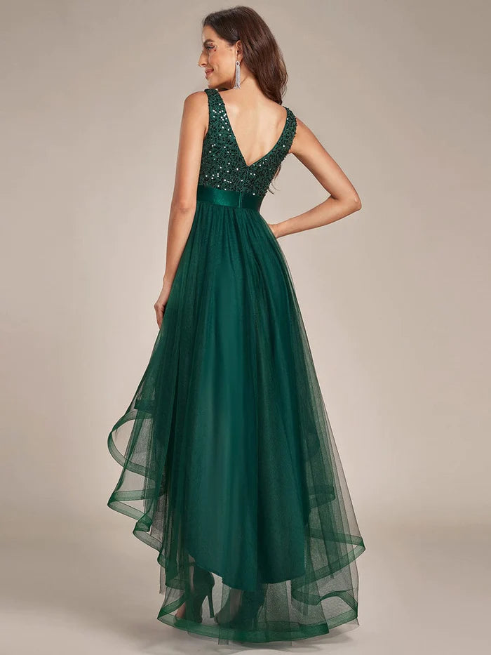 Sequin V-Neck Sleeveless High Low Evening Dress