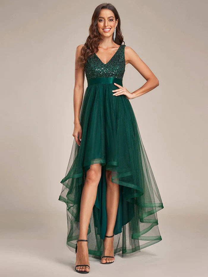 Sequin V-Neck Sleeveless High Low Evening Dress