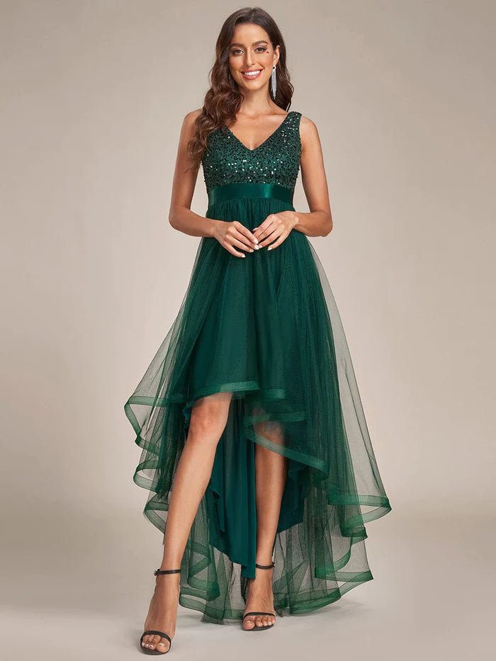 Sequin V-Neck Sleeveless High Low Evening Dress
