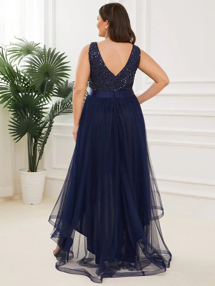 Plus Size Sequin V-Neck Sleeveless High Low Evening Dress