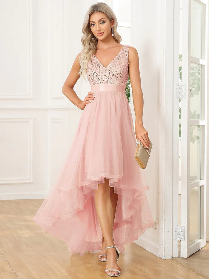 Sequin V-Neck Sleeveless High Low Evening Dress