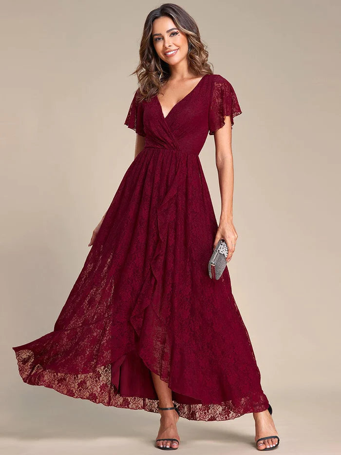 V-Neck Short Sleeve Pleated Ruffled Lace Evening Dress
