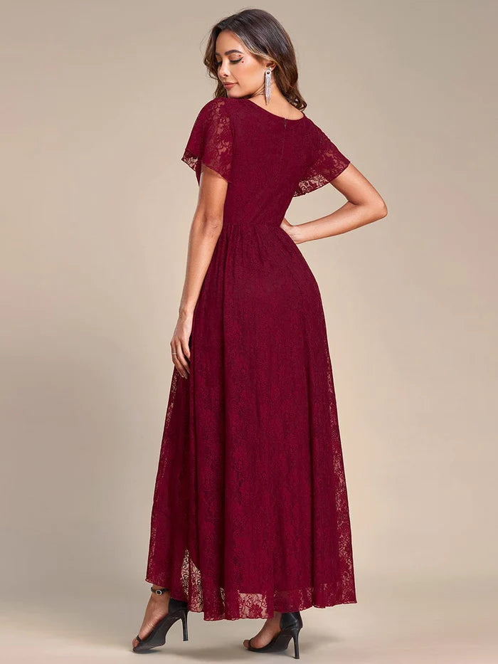 V-Neck Short Sleeve Pleated Ruffled Lace Evening Dress