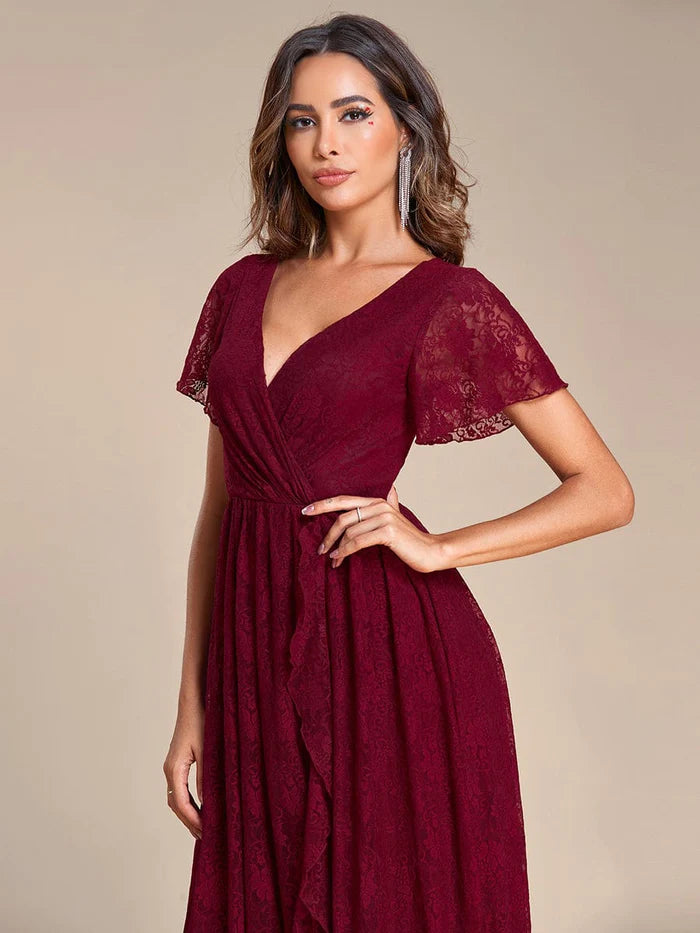 V-Neck Short Sleeve Pleated Ruffled Lace Evening Dress