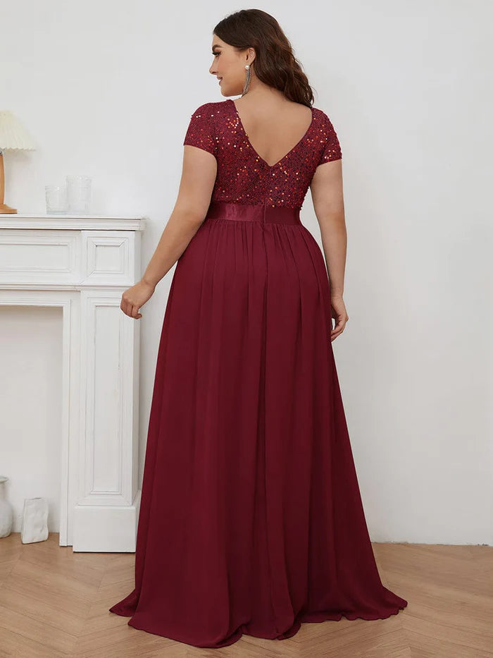 Plus Size V-Neck Cap Sleeve Sequins Chiffon Maxi Evening Dress
