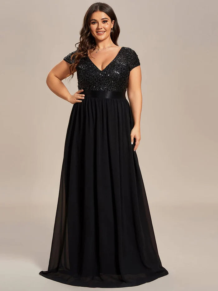 Plus Size V-Neck Cap Sleeve Sequins Chiffon Maxi Evening Dress