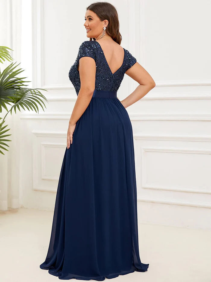 Plus Size V-Neck Cap Sleeve Sequins Chiffon Maxi Evening Dress