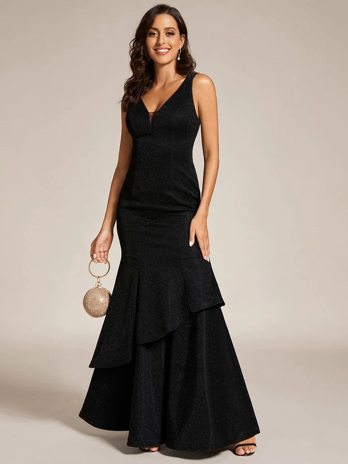Custom Size Sleeveless V-Neck Ruffle Long Evening Dress
