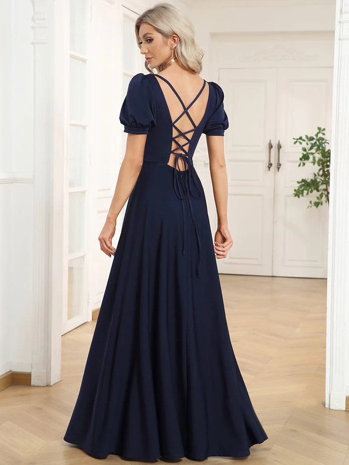 A-Line Floor-Length Square Neck Caged Back Evening Dress