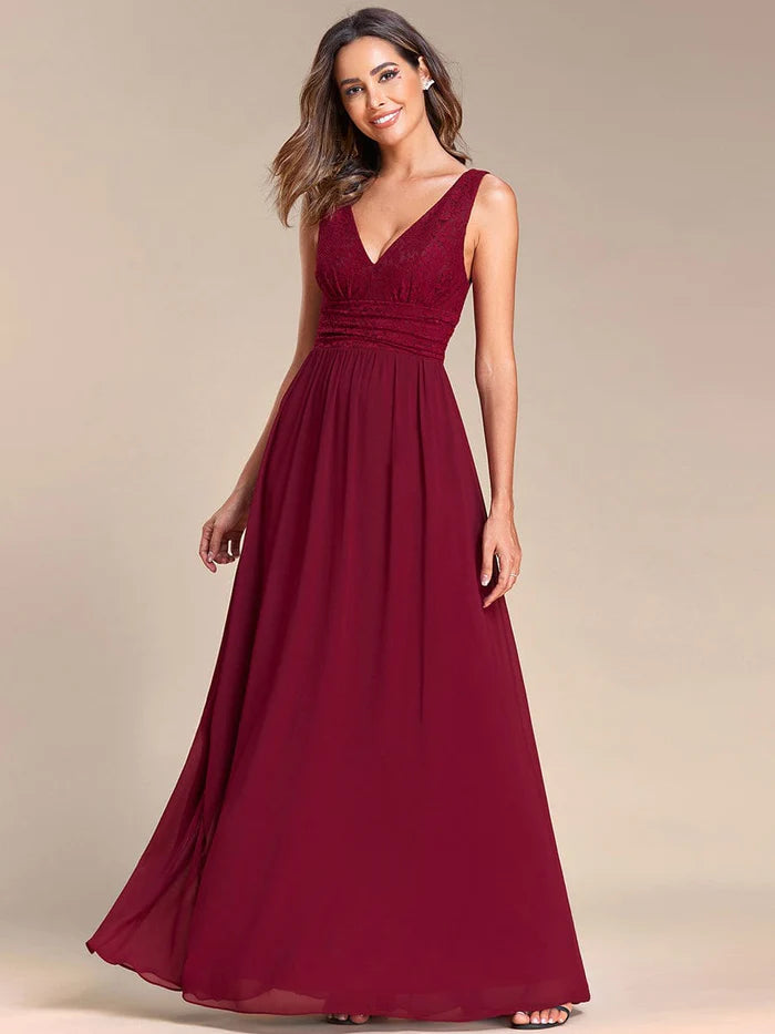 Sleeveless V-Neck Empire Waist Floor-Length Evening Dress