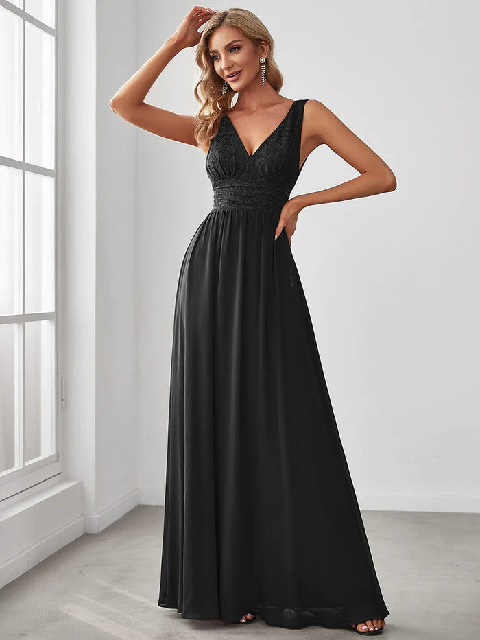 Sleeveless V-Neck Empire Waist Floor-Length Evening Dress