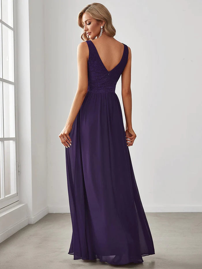 Sleeveless V-Neck Empire Waist Floor-Length Evening Dress