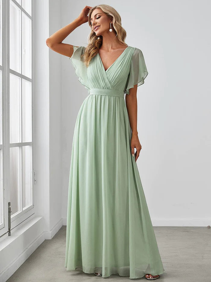 V-Neck Flutter Sleeve Floor-Length A-Line Chiffon Evening Dress