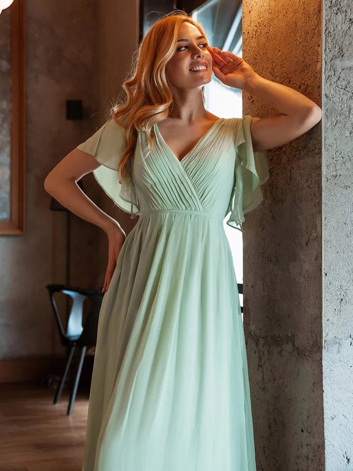 V-Neck Flutter Sleeve Floor-Length A-Line Chiffon Evening Dress