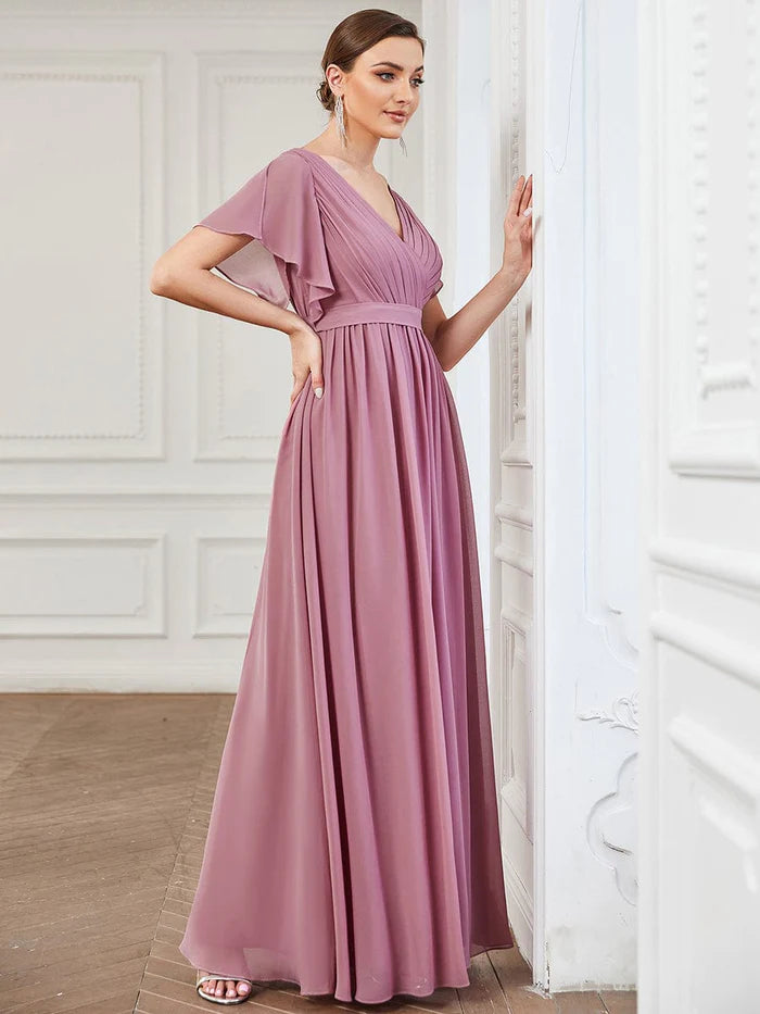 Custom Size V-Neck Flutter Sleeve Floor-Length A-Line Chiffon Evening Dress
