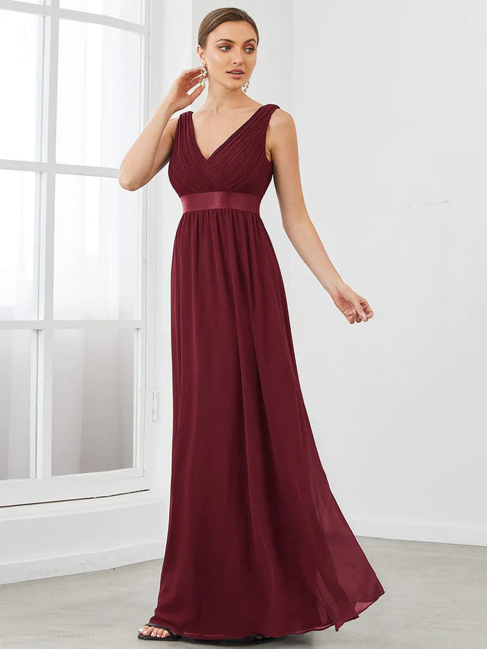 Satin Waist Sleeveless Pleated A-Line Evening Dress
