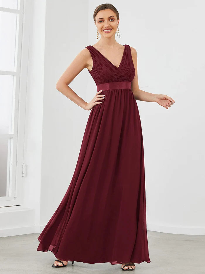 Satin Waist Sleeveless Pleated A-Line Evening Dress