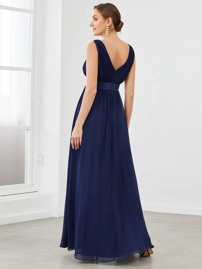 Satin Waist Sleeveless Pleated A-Line Evening Dress