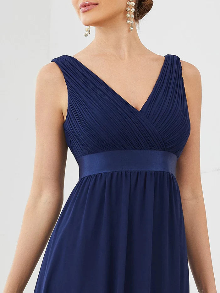 Satin Waist Sleeveless Pleated A-Line Evening Dress