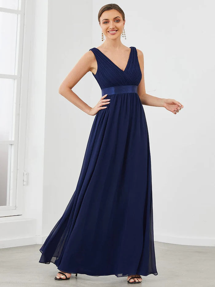 Satin Waist Sleeveless Pleated A-Line Evening Dress