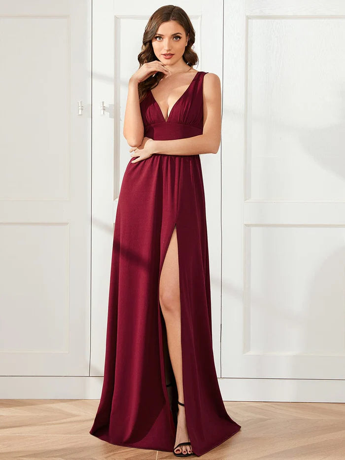 V-Neck High Slit Empire Waist Floor-Length Evening Dress
