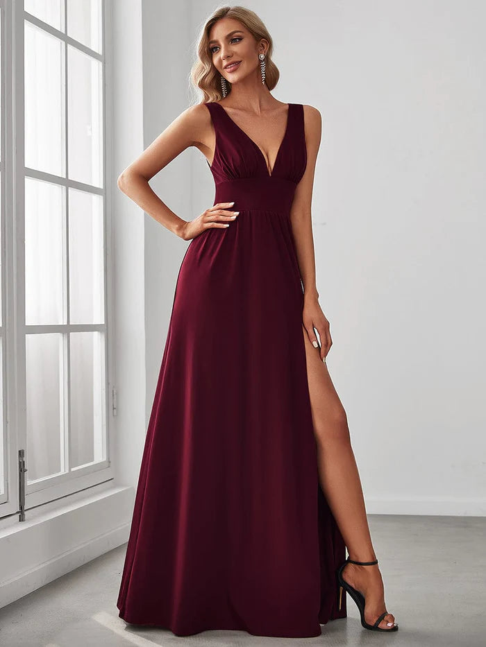 V-Neck High Slit Empire Waist Floor-Length Evening Dress