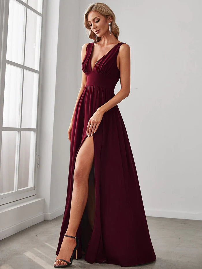 V-Neck High Slit Empire Waist Floor-Length Evening Dress