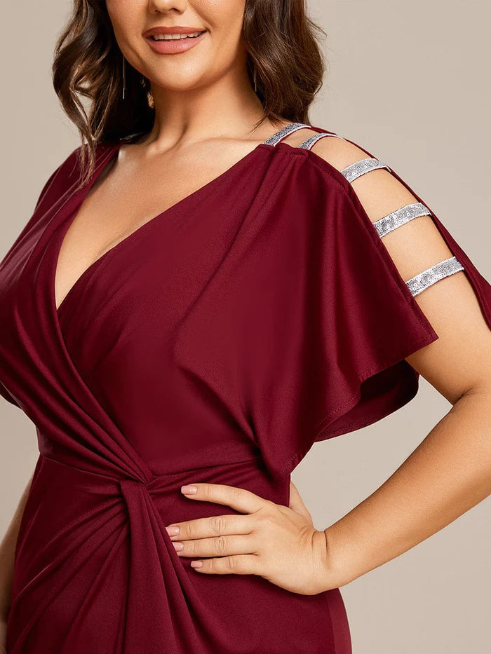 Plus Size Sequin Sleeve High Split Evening Dress with Pleated