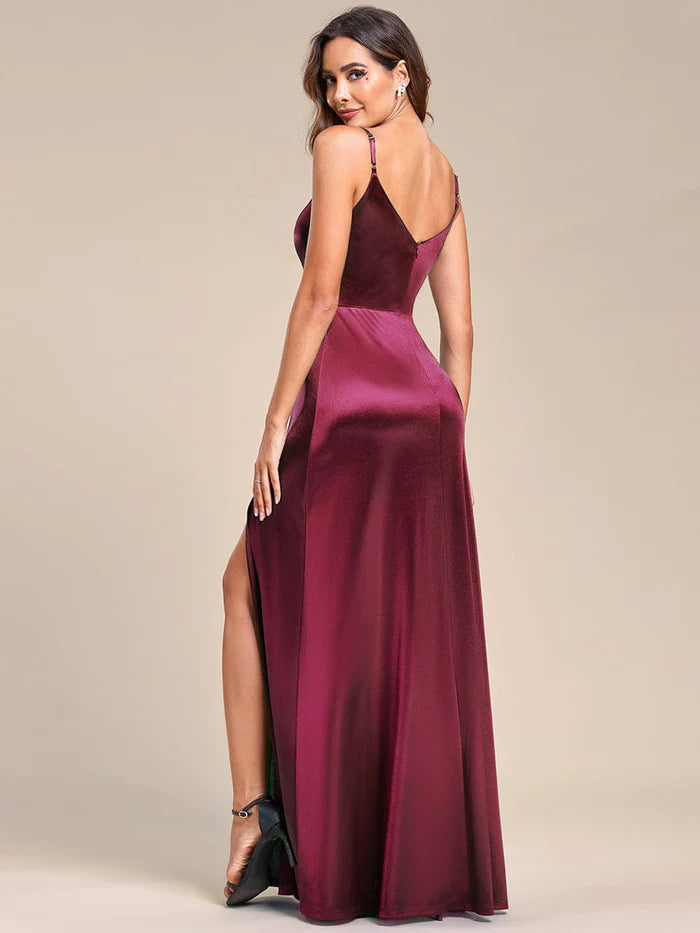 Spaghetti Straps V-Neck Sleeveless Satin High Side Slit Evening Dress